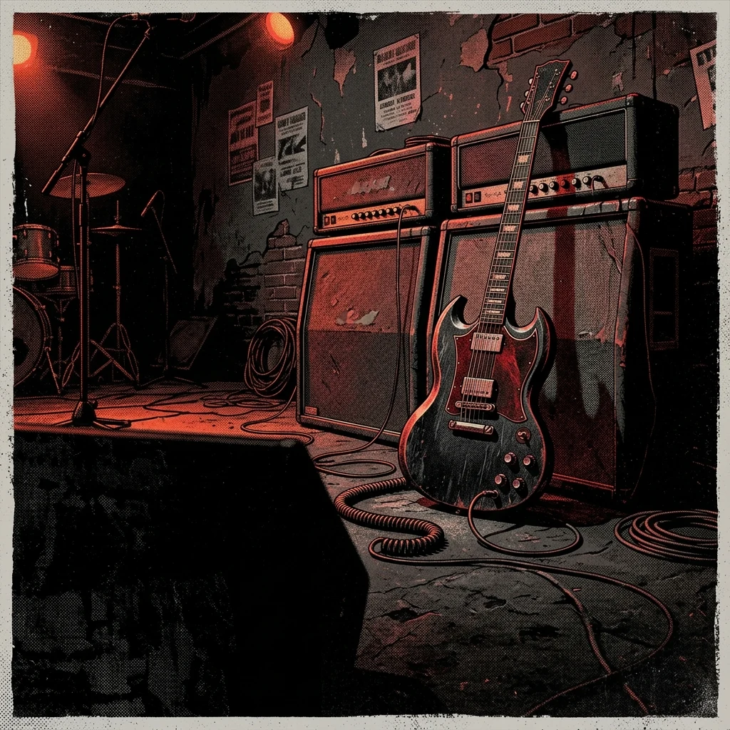 ilustración tributo de una guitarra eléctrica con amplificadores en una habitación oscura de Ontario, atmósfera cruda y tensa, paleta rojo y negro, sin rostros reconocibles ni logos