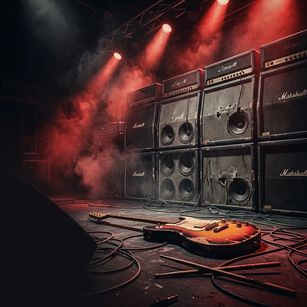 ilustración tributo de un escenario de rock iluminado con luces rojas y humo denso, instrumentos abandonados después de un concierto apoteósico, paleta rojo y negro, sin rostros ni logos