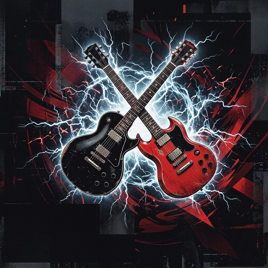 ilustración tributo de guitarras eléctricas cruzadas sobre un fondo de estática y electricidad, estética post-grunge de los 2000, paleta rojo y negro, sin texto ni logotipos