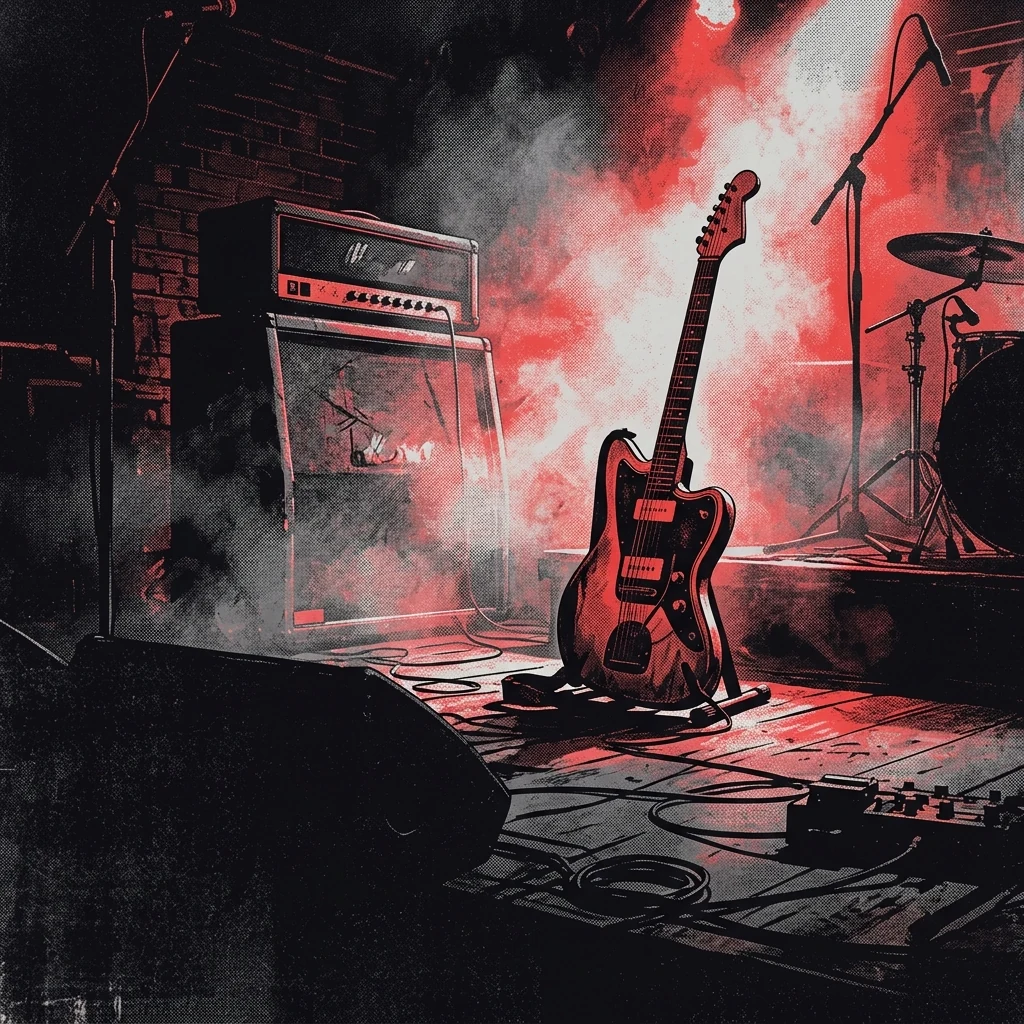 ilustración tributo de una guitarra eléctrica sobre un escenario humeante de club pequeño en Suecia, atmósfera cruda y poderosa, paleta rojo y negro, sin rostros reconocibles ni logos
