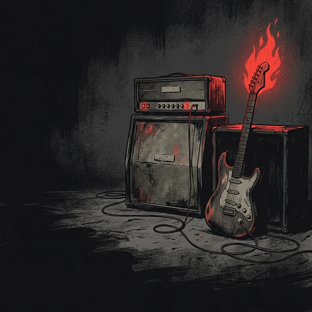 ilustración tributo de amplificadores encendidos y una guitarra eléctrica con llamas en la punta, estética vintage hard rock 70s escandinava, paleta rojo y negro, sin texto ni logotipos