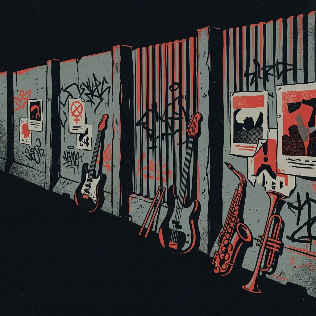 ilustración tributo de un muro fronterizo estilizado con instrumentos de ska y punk, atmósfera de protesta, paleta rojo y negro, sin rostros ni logos