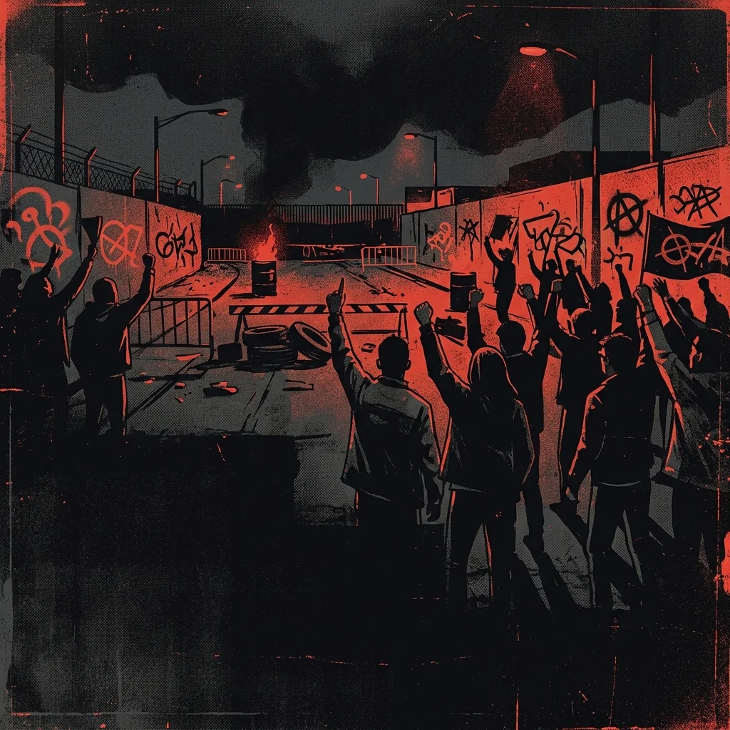 ilustración tributo de una avenida fronteriza nocturna con elementos de protesta y energía punk, paleta rojo y negro, sin rostros ni logos