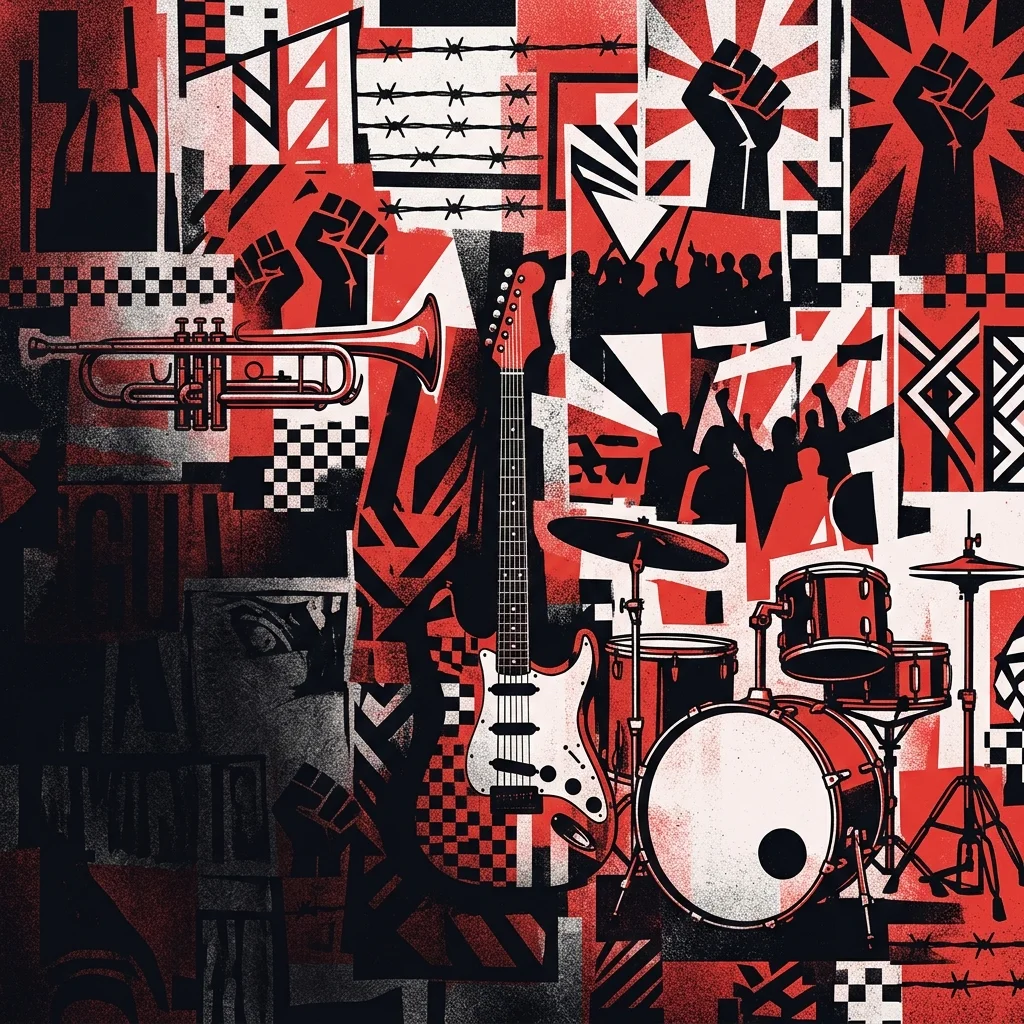 ilustración tributo de instrumentos de ska —trompeta, guitarra, batería— entre carteles de protesta, estética fronteriza, paleta rojo y negro, sin texto ni logotipos