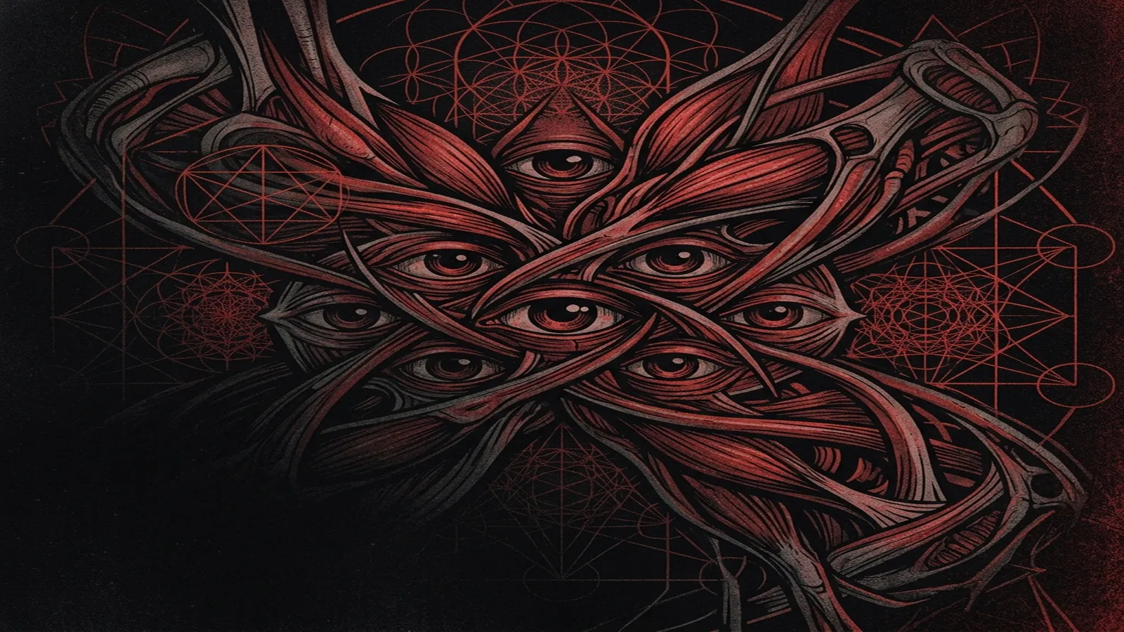 ilustración tributo de una espiral de engranajes metálicos y fractales geométricos en un fondo oscuro con destellos rojos, atmósfera densa e industrial, sin rostros reconocibles ni logos