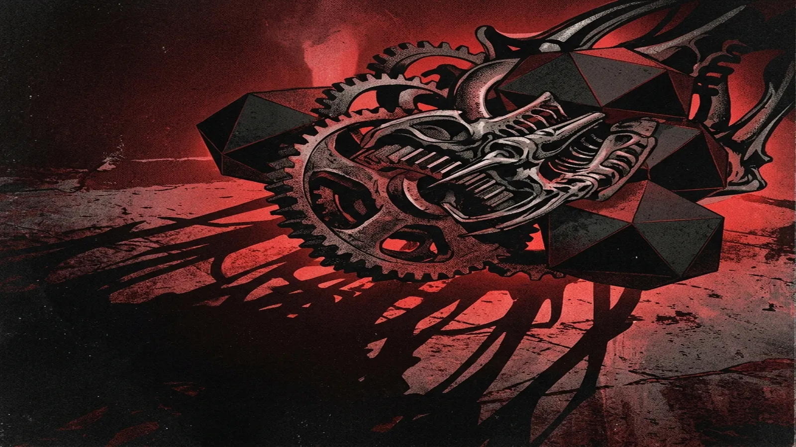 ilustración tributo de una partitura de compases irregulares fusionada con una espiral de Fibonacci y patrones de geometría sagrada, todo en tinta roja sobre fondo negro, sin texto ni logotipos