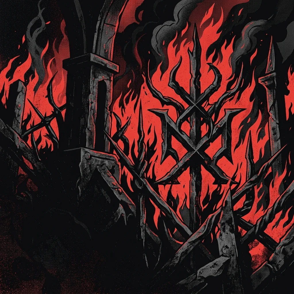 ilustración tributo de iconografía de metal extremo —llamas, hierro, atmósfera infernal— sobre fondo negro con rojo intenso, estética oscura y agresiva, sin rostros ni logos