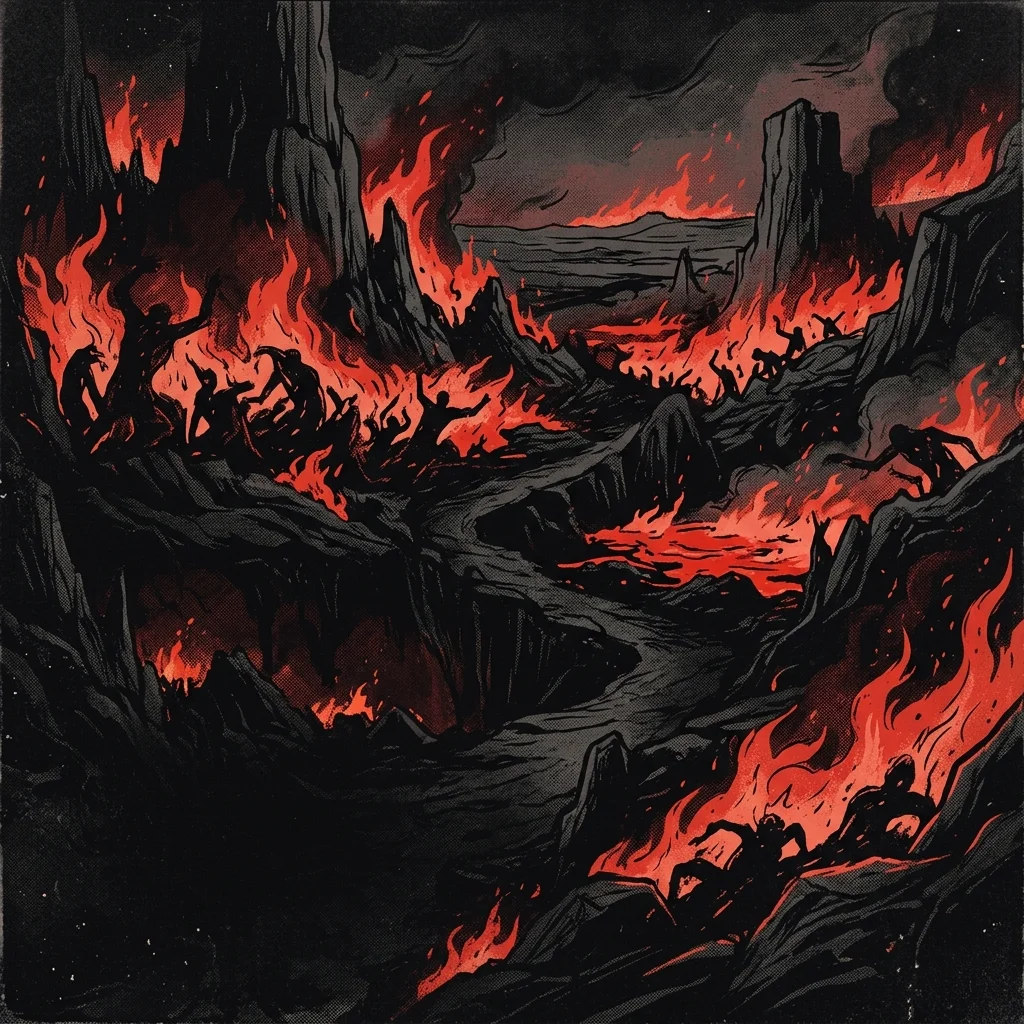 ilustración tributo de un paisaje infernal inspirado en la Divina Comedia con llamas y figuras oscuras, estética death metal, paleta rojo y negro, sin rostros ni logos