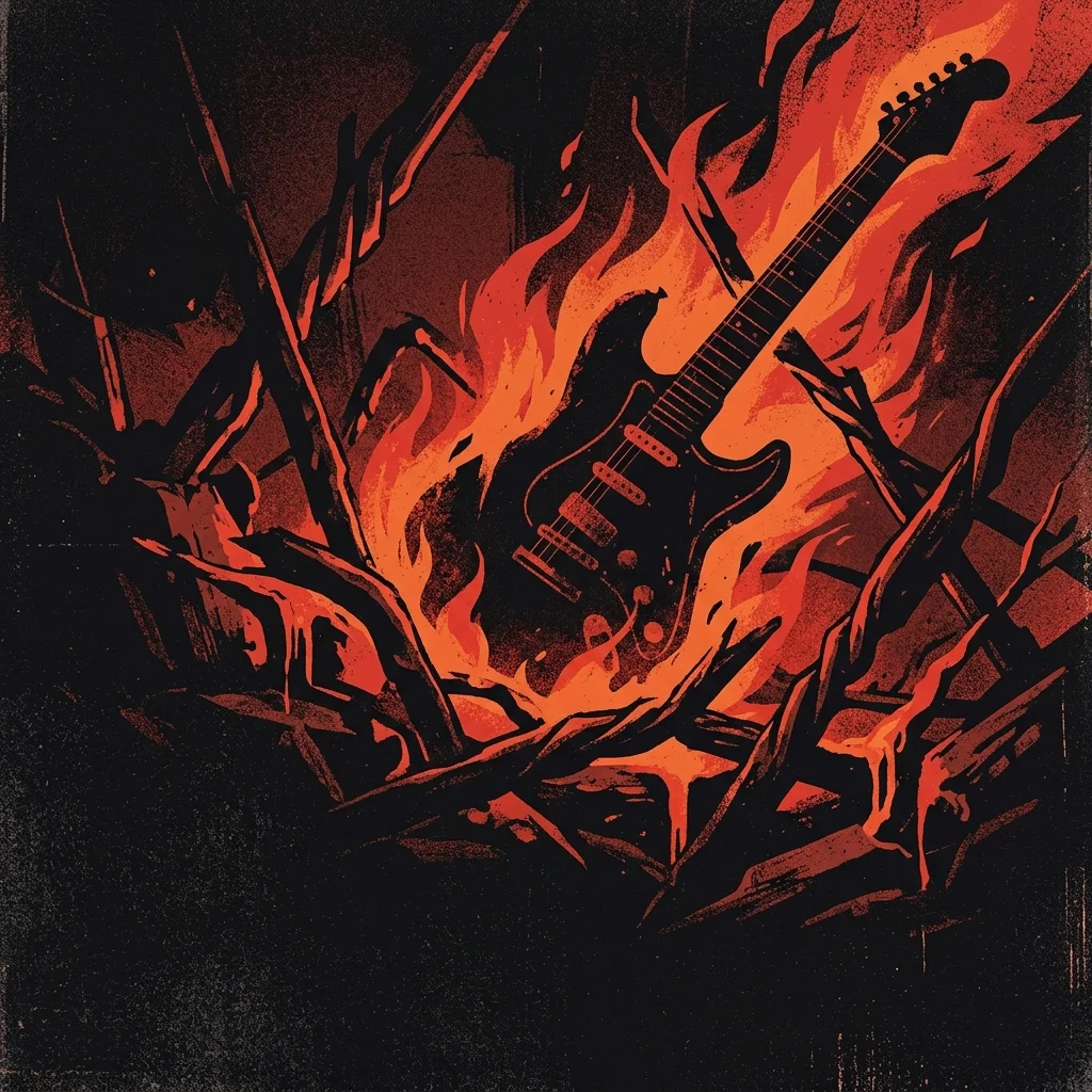 ilustración tributo de una guitarra eléctrica entre llamas y hierro retorcido, estética de metal extremo, paleta rojo y negro, sin texto ni logotipos