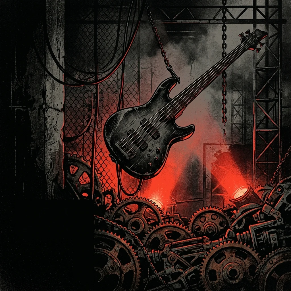 ilustración tributo de una guitarra eléctrica de bajo afinado suspendida sobre engranajes industriales oxidados bajo luz roja intensa, atmósfera de heavy metal moderno sin rostros reconocibles ni logos, paleta rojo y negro