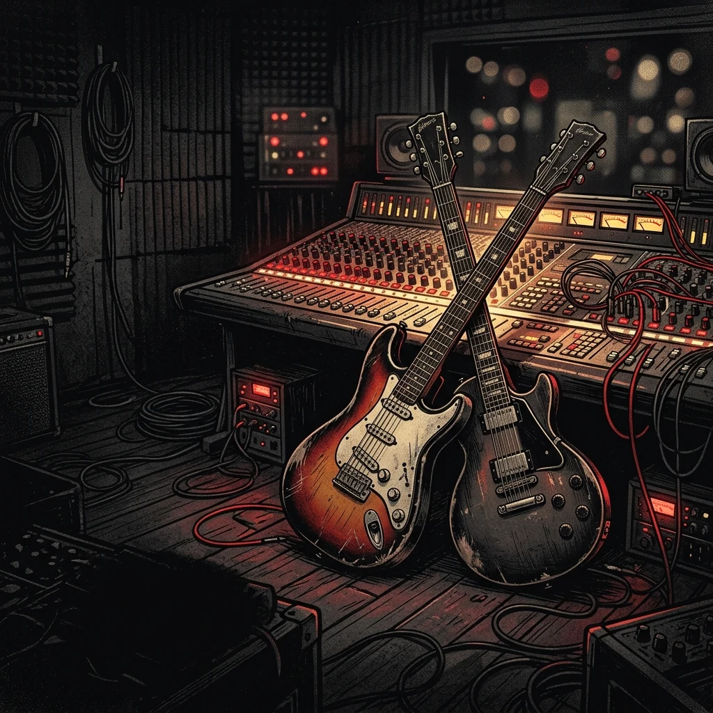 ilustración tributo de dos guitarras eléctricas cruzadas frente a una consola de grabación encendida en un estudio oscuro, luces rojas parpadeantes, atmósfera de sesión de grabación intensa, sin rostros ni logos, paleta rojo y negro