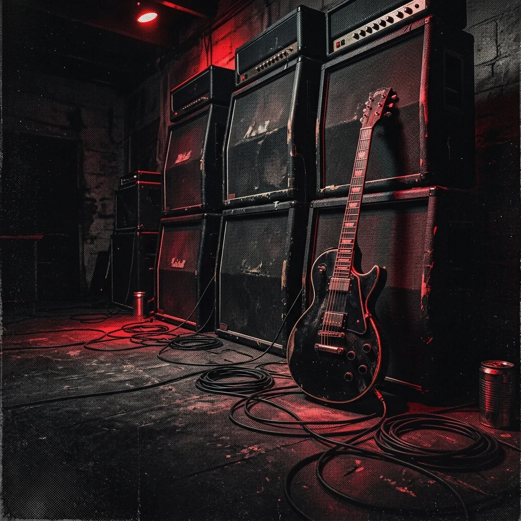 ilustración tributo de una guitarra eléctrica de cuerpo sólido con afinación baja apoyada contra una pared de amplificadores en un cuarto oscuro iluminado por destellos rojos, cables en el suelo, atmósfera de rehearsal metal intenso, sin texto ni logotipos, paleta rojo y negro