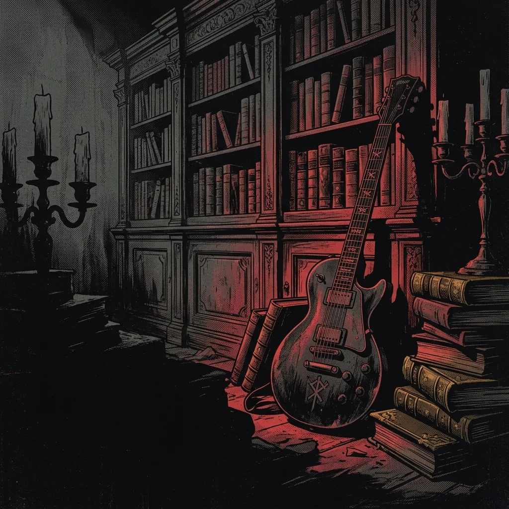 ilustración tributo de un pentagrama grabado en piedra antigua rodeado de velas negras y libros polvorientos sobre un altar de piedra, atmósfera death metal primigenio sueco años 2000, sin rostros reconocibles ni logos, paleta rojo y negro