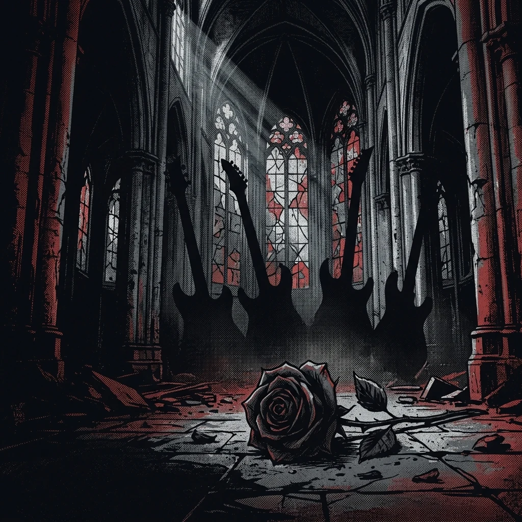 ilustración tributo de una rosa negra marchita entre columnas de una catedral gótica bajo luz de luna, sombras de guitarras eléctricas contra vidrieras rotas, atmósfera gothic metal europeo contemporáneo, sin rostros ni logos, paleta rojo y negro con destellos plateados
