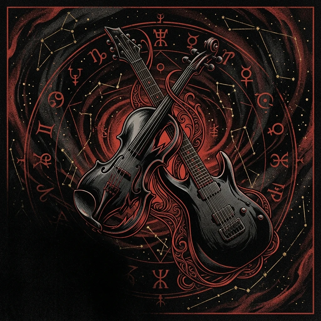 ilustración tributo de un violín eléctrico y una guitarra entrelazados sobre un fondo de constelaciones y símbolos herméticos, atmósfera gothic metal oscuro y cinematográfico, sin texto ni logotipos, paleta rojo y negro con detalles dorados