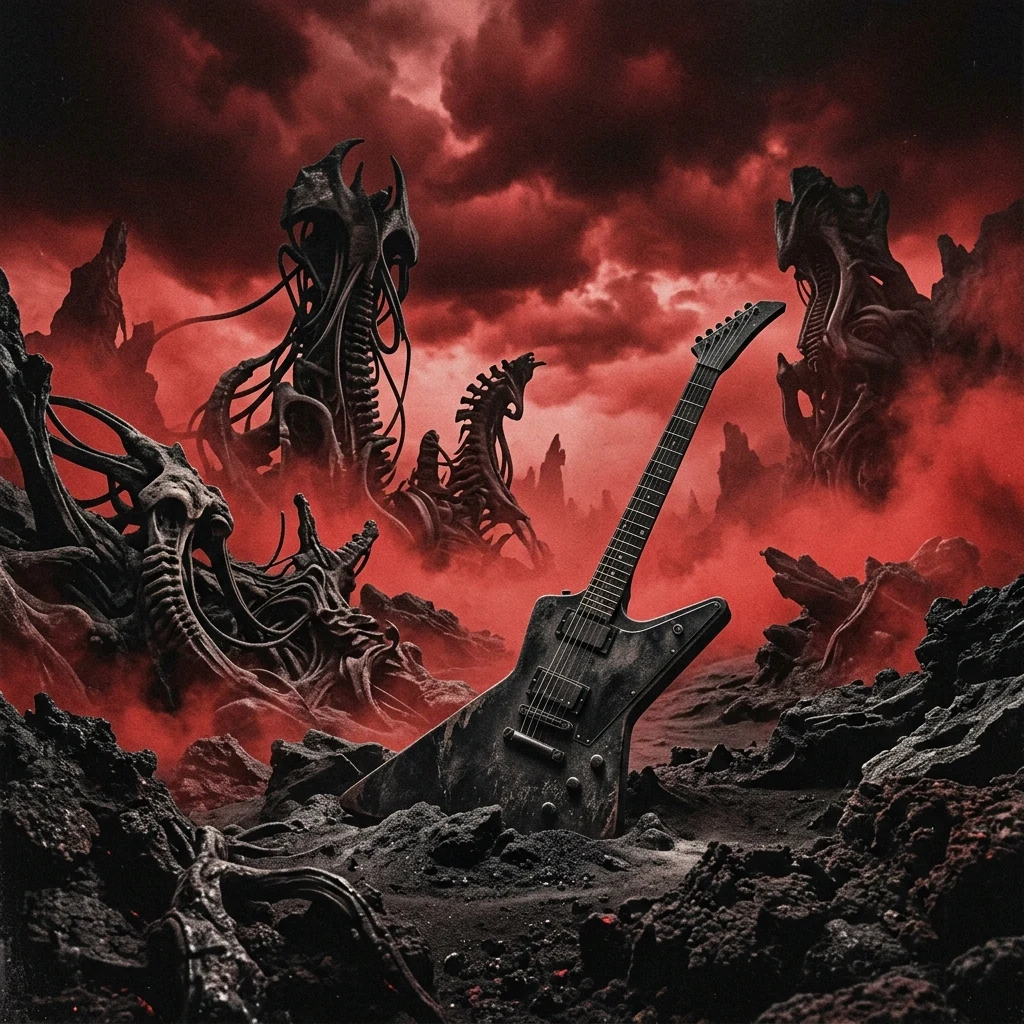 ilustración tributo de una estructura de piedra gótica en llamas bajo una tormenta eléctrica, ramas retorcidas en primer plano, atmósfera black doom metal Zúrich 2008, paleta rojo carmesí y negro absoluto, sin rostros reconocibles ni logos