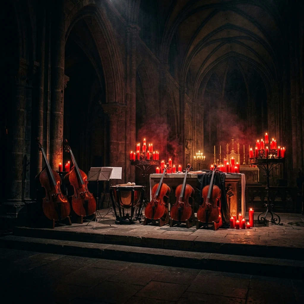 ilustración tributo de una orquesta de siluetas oscuras tocando en un escenario iluminado por velas rojas, ambiente doom metal sinfónico festival Roadburn 2019, perspectiva desde el fondo de la sala, paleta rojo y negro con destellos dorados, sin rostros reconocibles ni logos