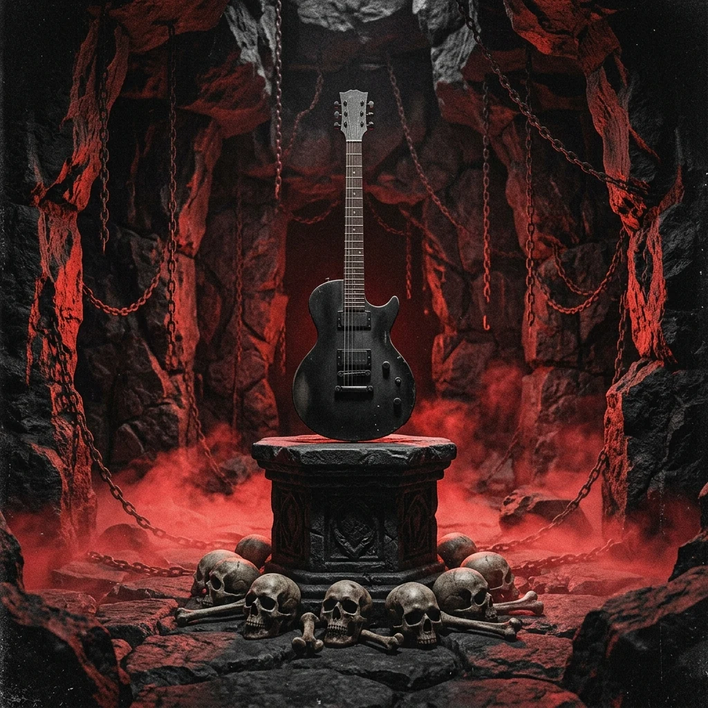 ilustración tributo de un altar de piedra negro en el centro de una catedral en ruinas, velas rojas encendidas formando espirales alrededor, rayos de luz escarlata atravesando vitrales destrozados, atmósfera gothic doom metal Suiza, sin texto ni logotipos, paleta rojo carmesí y negro absoluto