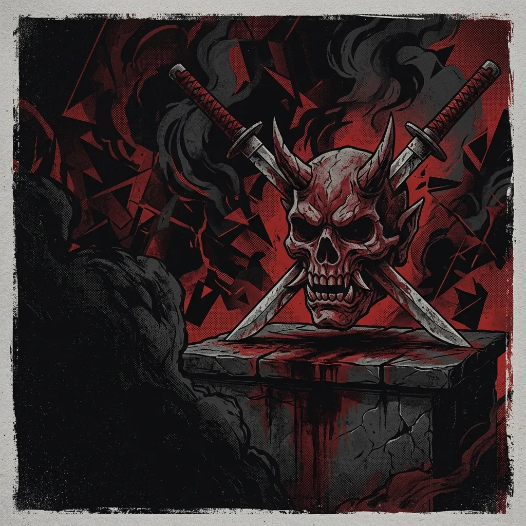 ilustración tributo de una guitarra eléctrica sobre un escenario envuelto en humo rojo, energía oscura y poderosa de metal moderno, paleta rojo y negro, sin rostros reconocibles ni logos