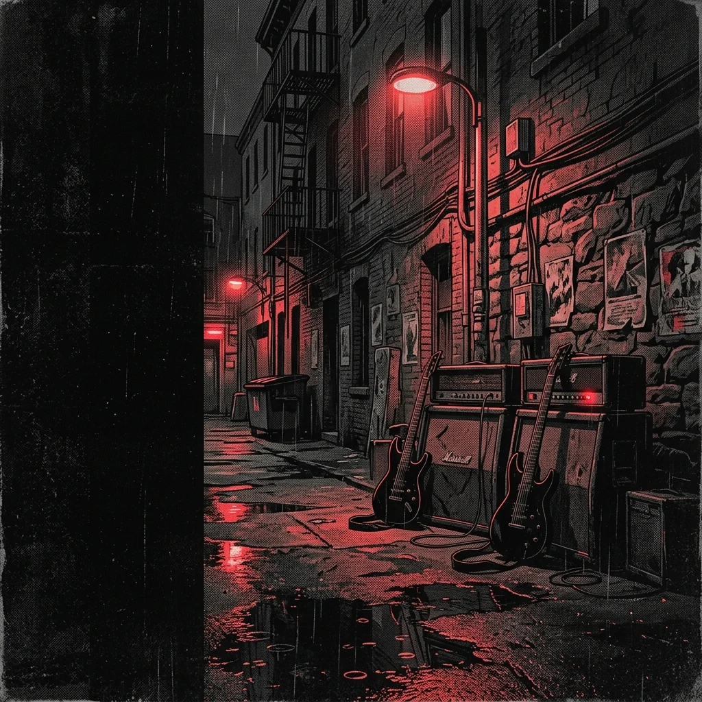 ilustración tributo de guitarras eléctricas y amplificadores en un callejón oscuro de Oslo bajo lluvia nocturna, atmósfera cruda y transgresora, paleta rojo y negro, sin rostros reconocibles ni logos
