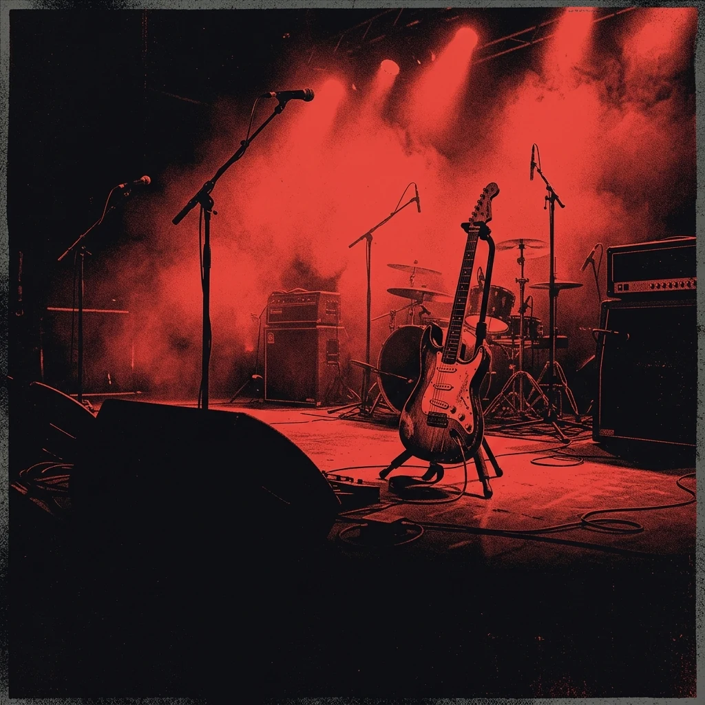 ilustración tributo de un escenario iluminado con luces rojas y una guitarra abandonada, atmósfera de regreso triunfal después de un largo silencio, paleta rojo y negro, sin rostros ni logos