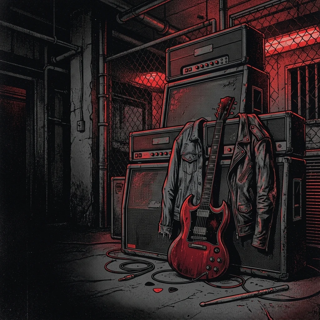 ilustración tributo de amplificadores apilados, una guitarra eléctrica y motivos de mezclilla y cuero en atmósfera industrial, paleta rojo y negro, sin texto ni logotipos reconocibles