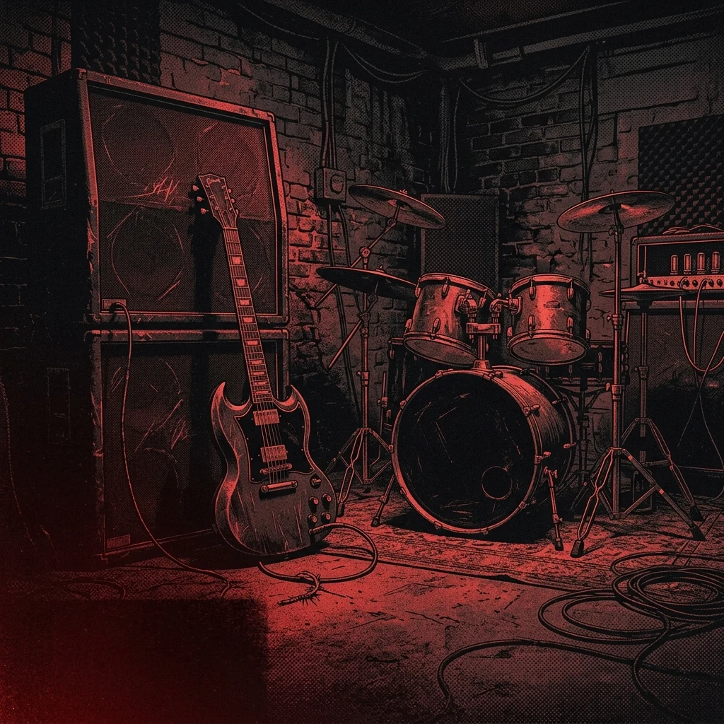 ilustración tributo de una guitarra eléctrica gruesa y una batería en un sótano de ensayo con luz roja intensa, ladrillos expuestos y ambiente de energía contenida, atmósfera hardcore de sala de conciertos underground, paleta rojo y negro, sin rostros ni logos