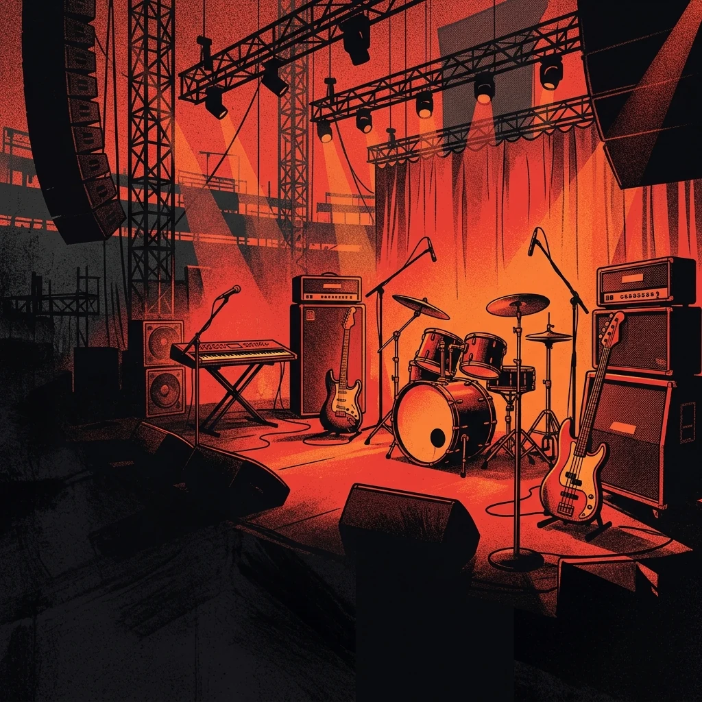 ilustración tributo de luces de escenario en colores rojos y anaranjados iluminando instrumentos eléctricos dispuestos en un concierto masivo, siluetas de micrófonos y amplificadores, atmósfera de festival de rock, paleta rojo y negro, sin rostros reconocibles ni logos