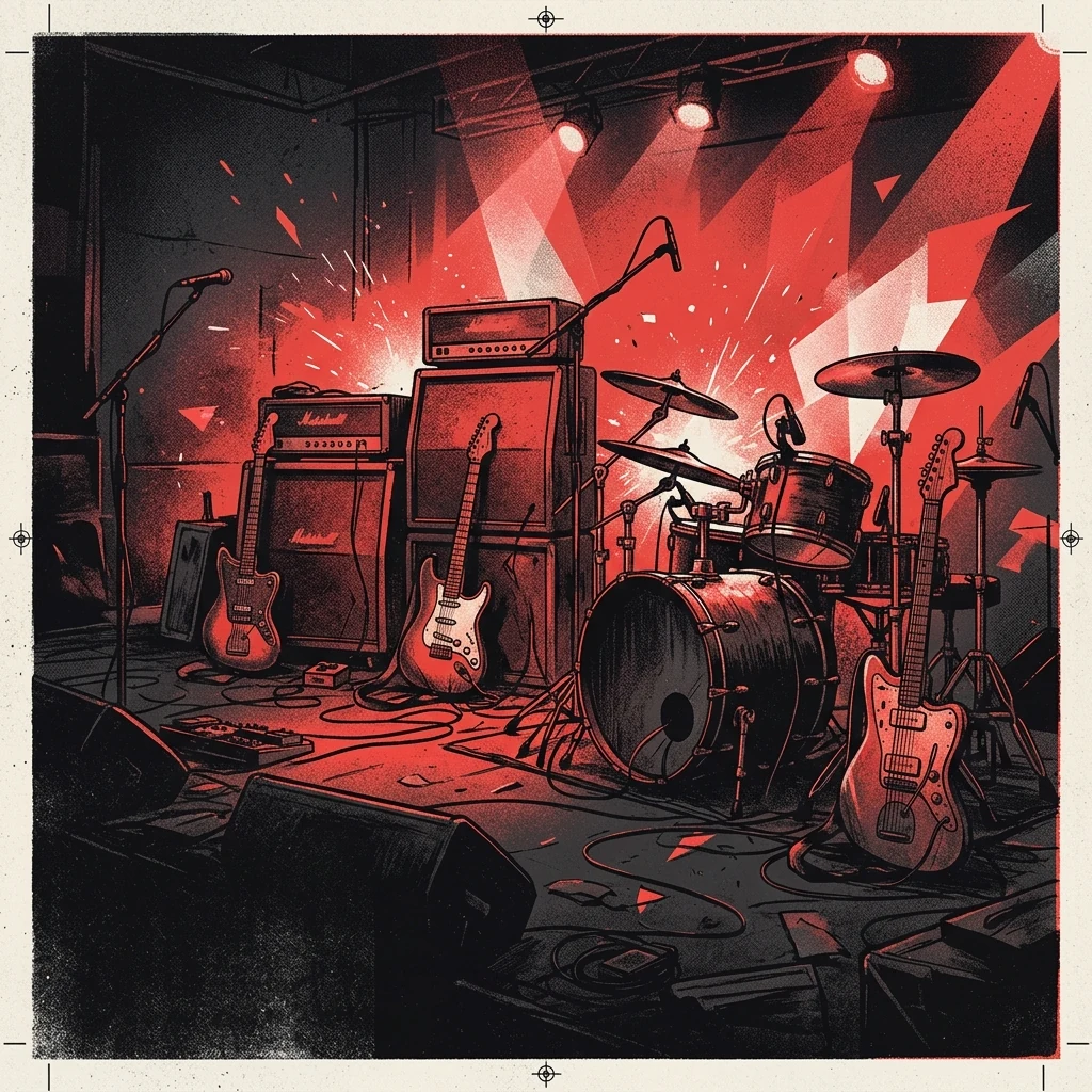 ilustración tributo de amplificadores apilados, guitarras eléctricas y una batería rodeados de destellos de luz roja en una sala oscura, composición caótica y energética que evoca el sonido de Turnstile, paleta rojo y negro, sin texto ni logotipos