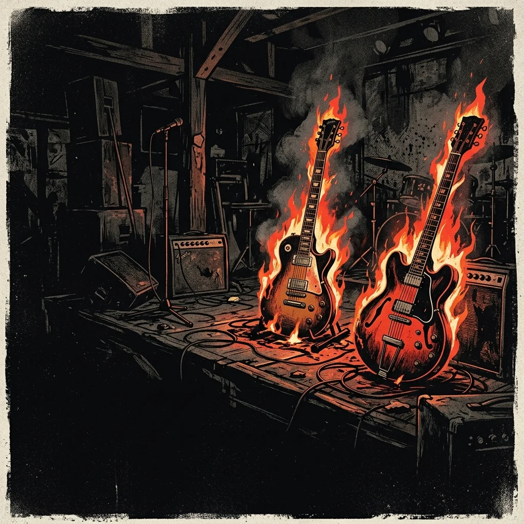 ilustración tributo de guitarras eléctricas en llamas sobre un escenario de bar nocturno de Long Island, atmósfera de underground y rebeldía, paleta rojo y negro intenso, sin rostros reconocibles ni logos