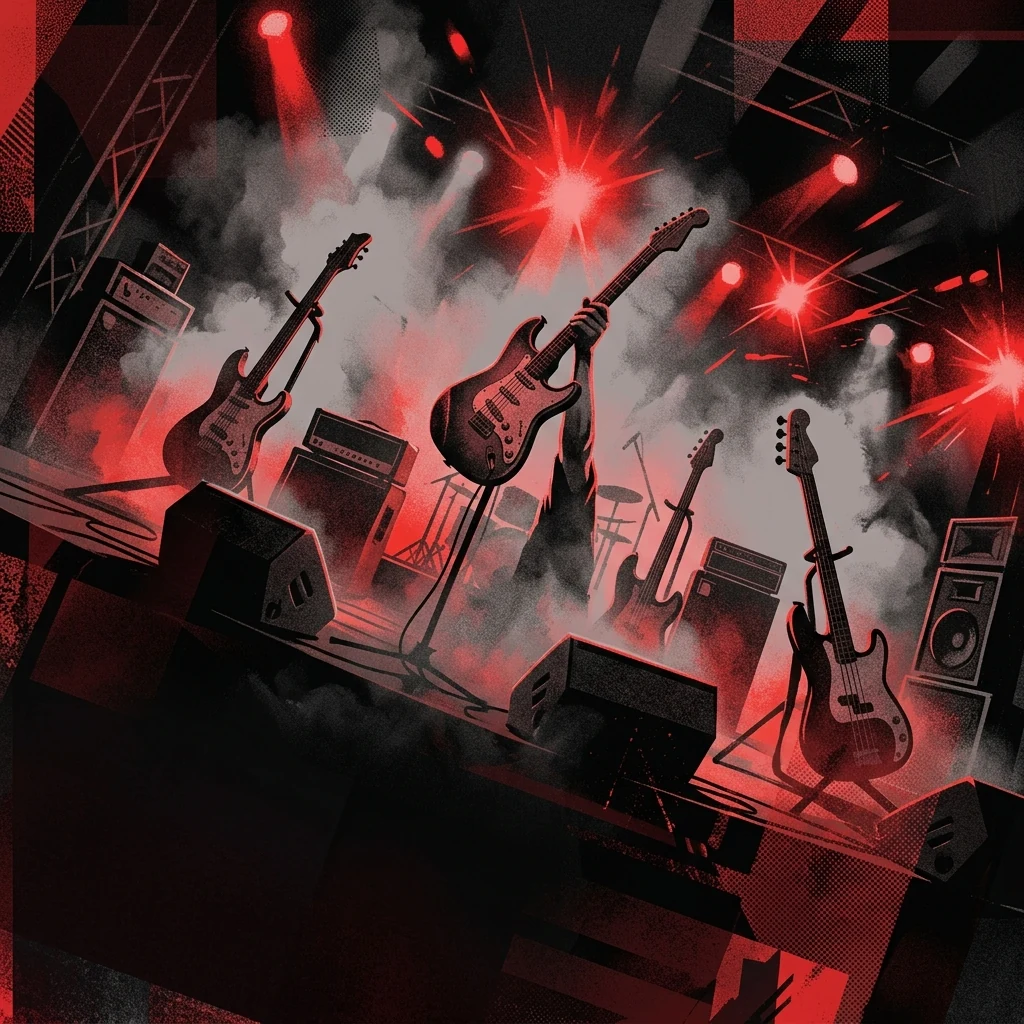 ilustración tributo de un escenario lleno de humo con guitarras en alto y luces de concierto explosivas, atmósfera de estadio y triunfo, paleta rojo y negro intenso, sin rostros ni logos