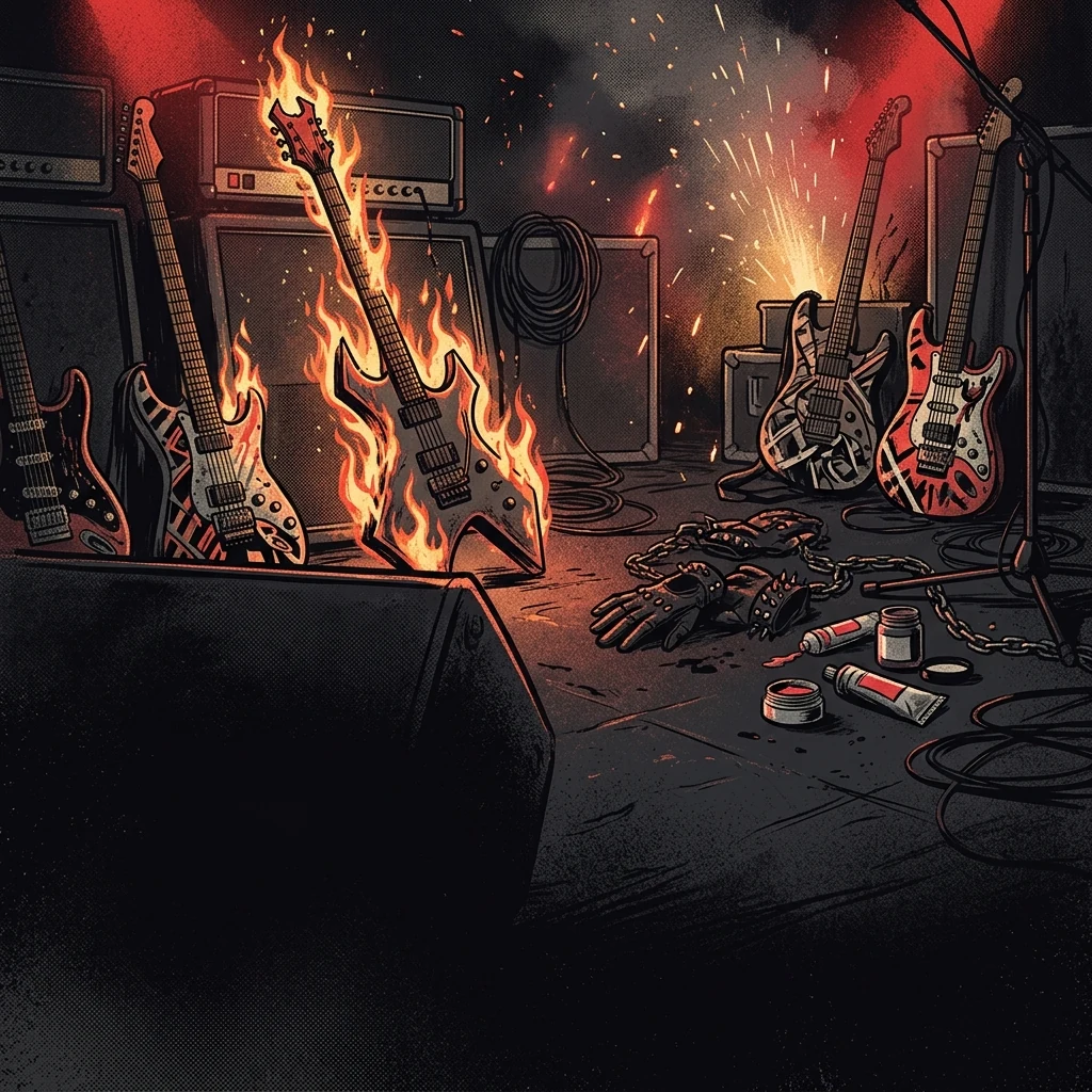 ilustración tributo de maquillaje teatral exagerado y guitarras en llamas sobre fondo oscuro, estética glam metal de los 80, paleta rojo y negro, sin texto ni logotipos ni rostros identificables