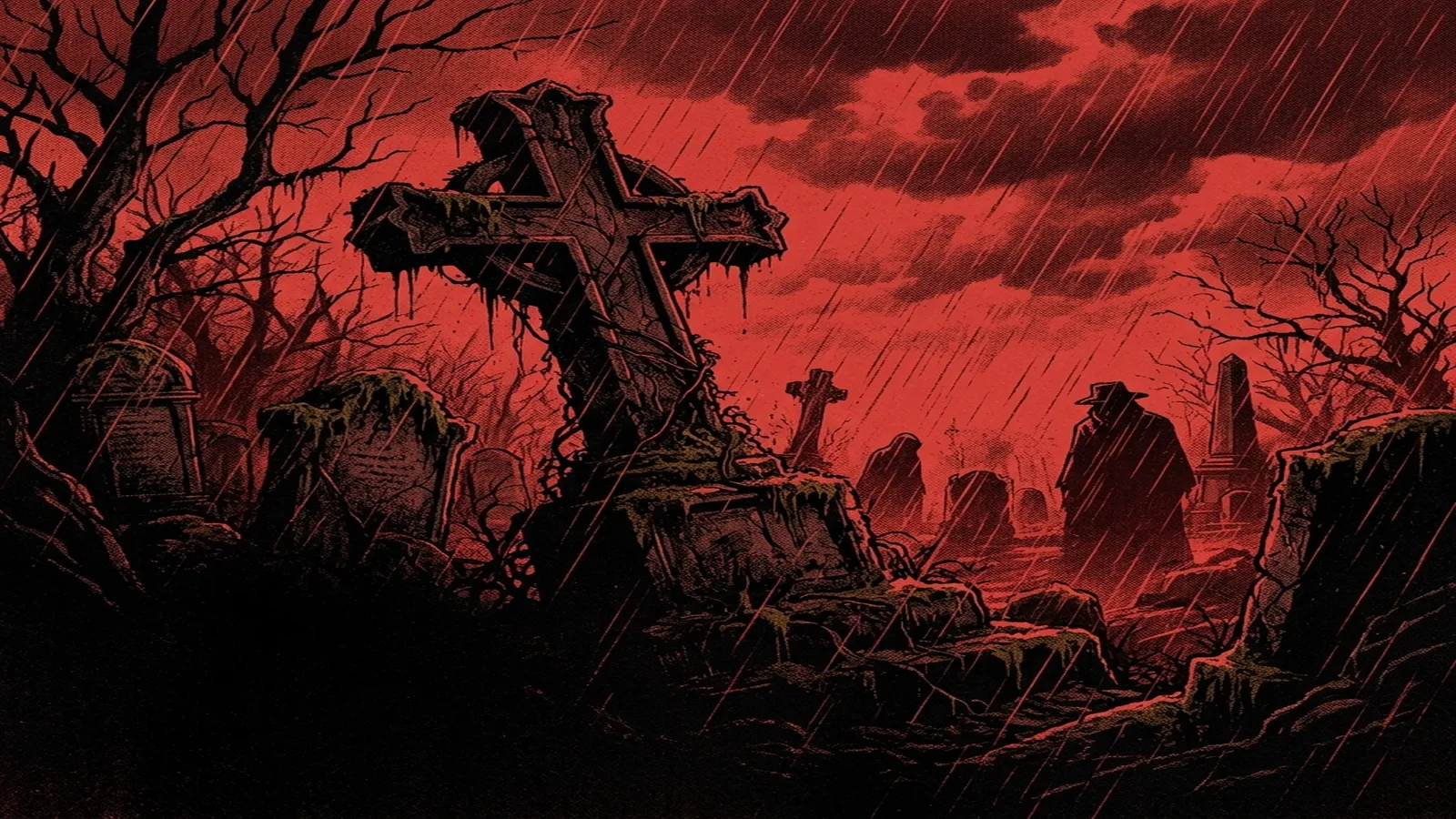 ilustración tributo de un collage de símbolos gothic doom metal: una cruz de metal oxidado, rosas negras en agua oscura, velas derritiéndose y una guitarra de cuerpo oscuro, paleta rojo profundo y negro absoluto, sin texto ni logotipos