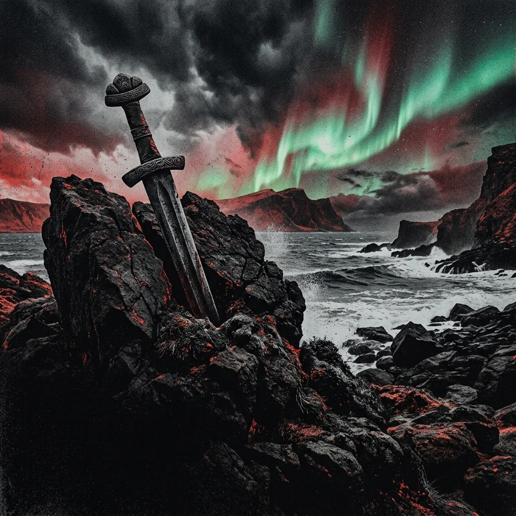 ilustración tributo de una espada vikinga clavada en roca volcánica bajo un cielo tormentoso del Atlántico Norte con una aurora boreal, atmósfera folk metal nórdico años 2000, sin rostros reconocibles ni logos, paleta rojo y negro