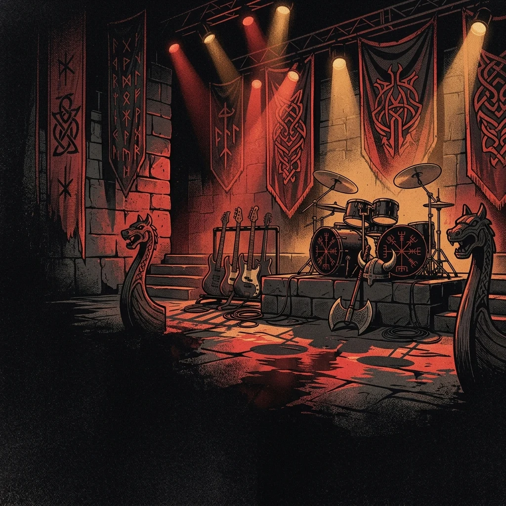 ilustración tributo de un escenario de metal vikingo con estandartes y runas bajo reflectores de concierto que proyectan sombras largas sobre el suelo de piedra, atmósfera folk metal épico, sin rostros ni logos, paleta rojo y negro con destellos ámbar