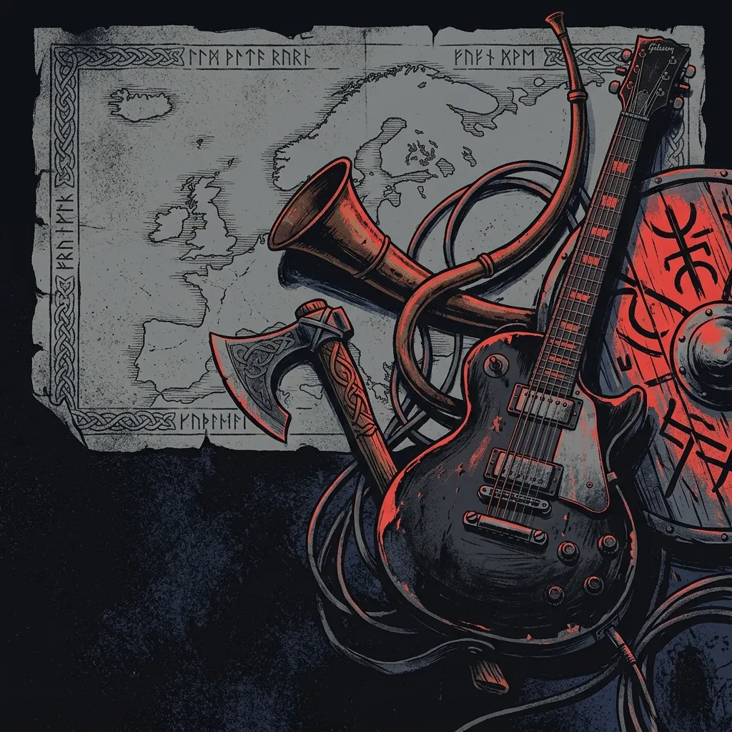 ilustración tributo de un conjunto de instrumentos vikingos y eléctricos —lur, guitarra eléctrica, hacha de guerra— sobre un mapa antiguo de las Islas Feroe con runas decorativas alrededor, sin texto ni logotipos, paleta rojo y negro con toques de azul marino