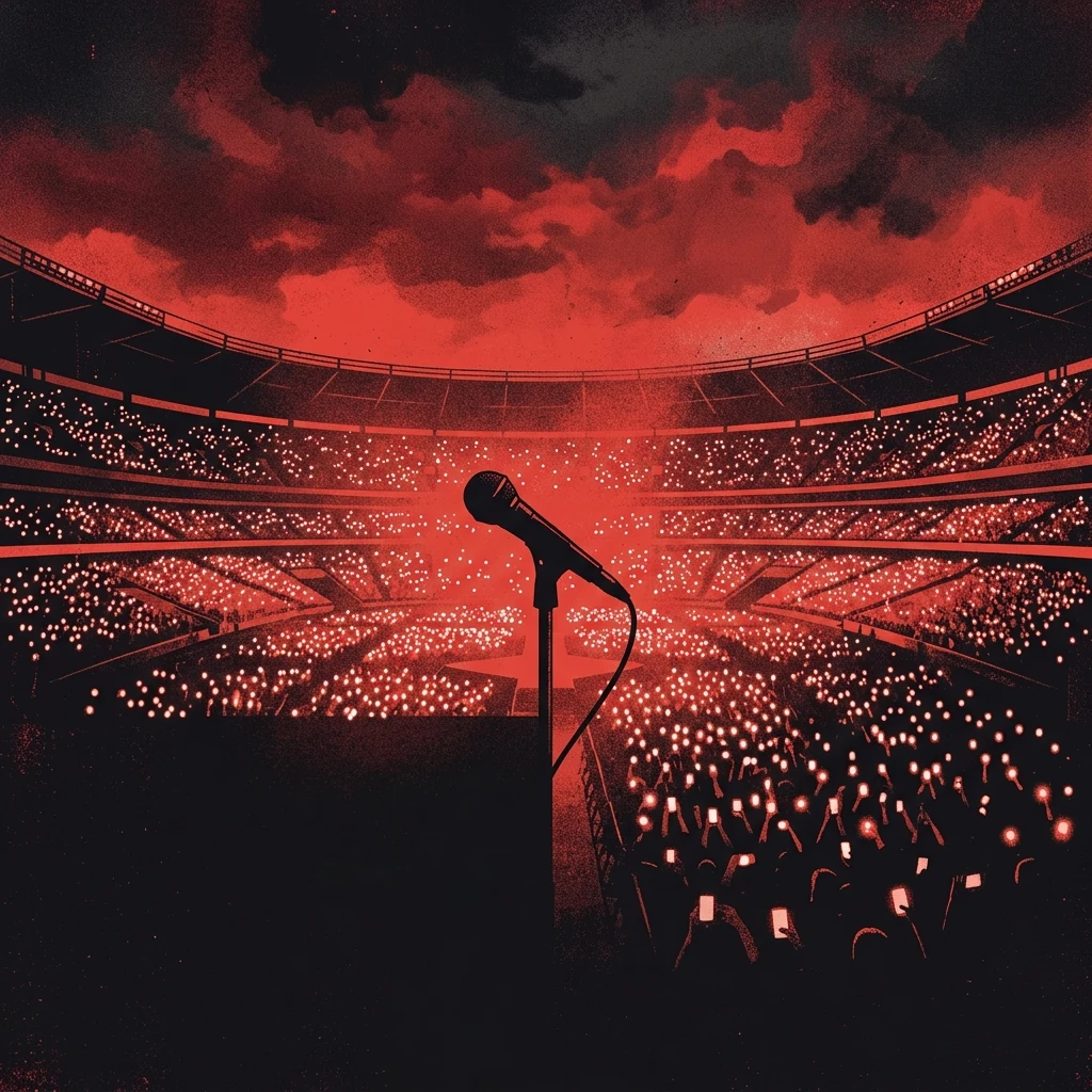 ilustración tributo de un estadio iluminado por miles de luces de móviles bajo un cielo nocturno rojo, silueta de un micrófono en el centro, atmósfera épica y masiva, paleta rojo y negro, sin rostros ni logos