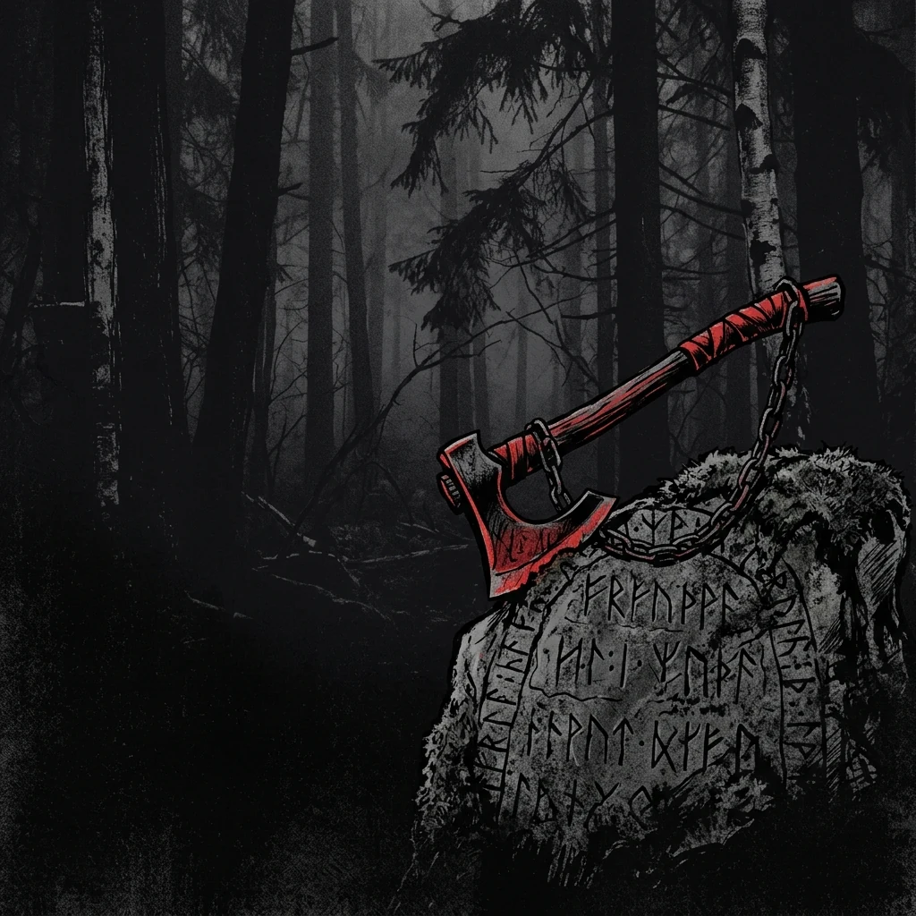 ilustración tributo de un hacha de guerra vikinga sobre una piedra rúnica en un bosque nocturno sueco, bruma densa y árboles oscuros al fondo, atmósfera death metal años 90, sin rostros reconocibles ni logos, paleta rojo y negro