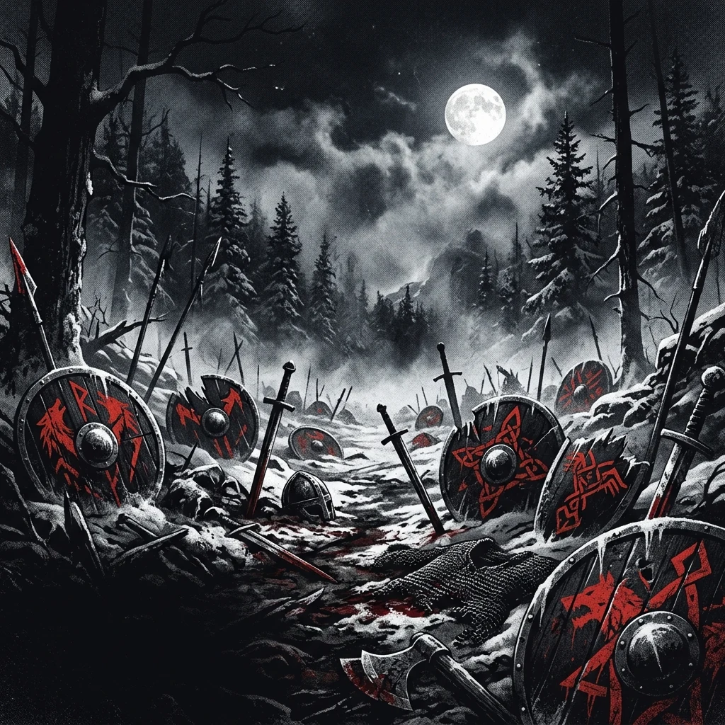 ilustración tributo de un campo de batalla nevado con espadas y escudos caídos bajo un cielo de luna llena, niebla entre árboles oscuros, atmósfera viking death metal contemporáneo, sin rostros ni logos, paleta rojo y negro intensa