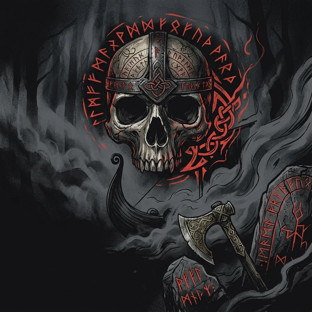 ilustración tributo de un cráneo nórdico rodeado de runas y motivos paganos sobre fondo de niebla oscura, atmósfera death metal vikingo sueco, sin texto ni logotipos, paleta rojo y negro con destellos de gris metálico