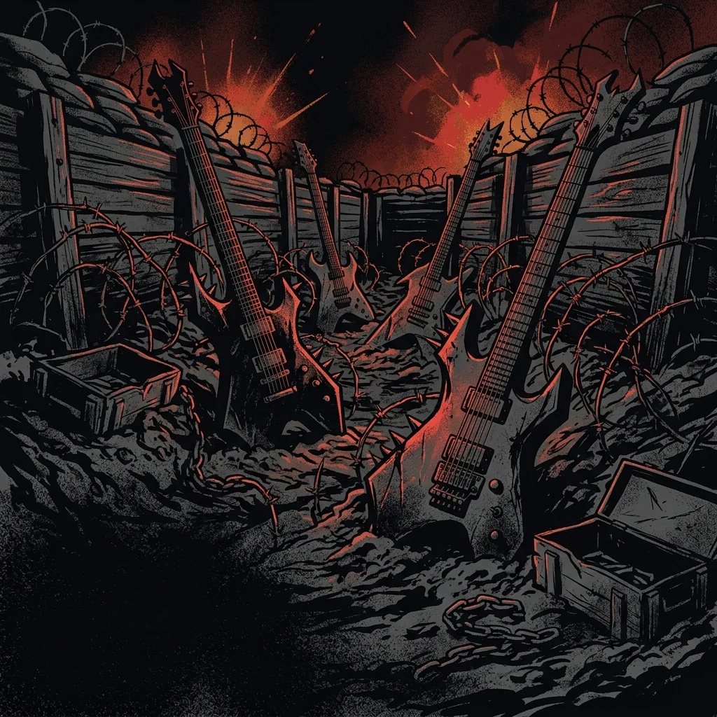 ilustración tributo de un yunque ardiente rodeado de cadenas rotas y cruces de piedra bajo una lluvia de chispas, atmósfera death metal Polonia años 90, sin rostros ni logos, paleta rojo y negro con destellos de naranja incandescente