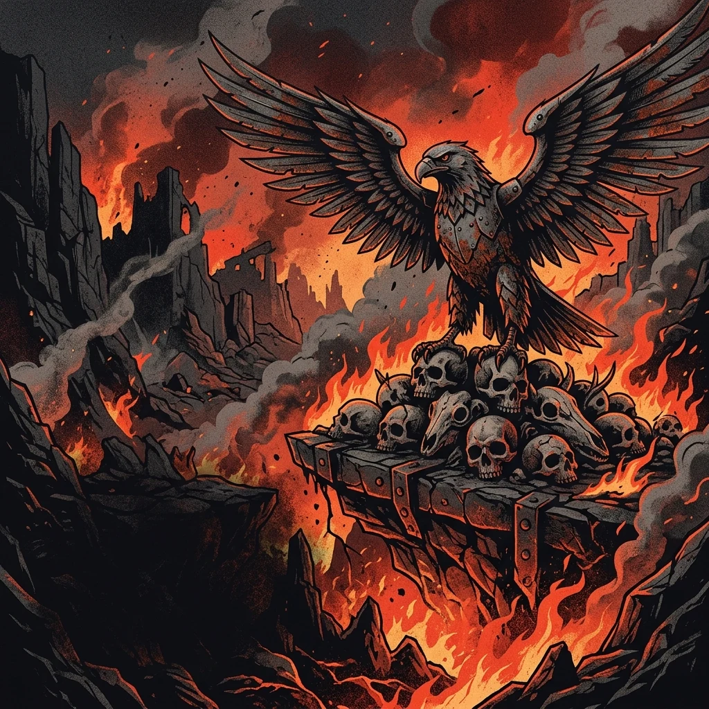 ilustración tributo de una batería rodeada de llamas y una guitarra apoyada contra un amplificador en ruinas, piso de concreto agrietado, atmósfera death metal extremo, sin texto ni logotipos, paleta rojo y negro con destellos de fuego