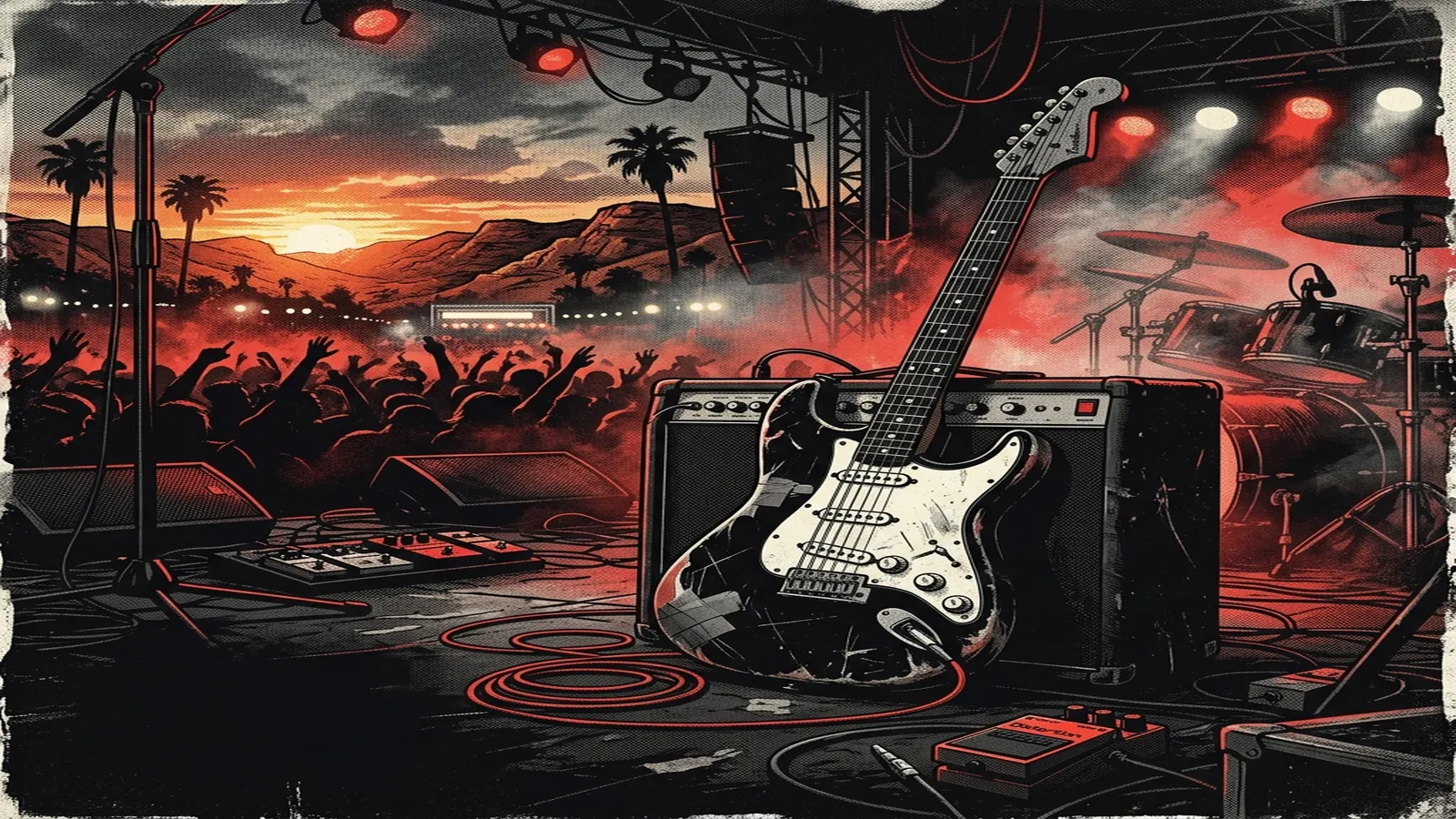 ilustración tributo de una guitarra eléctrica rayada en blanco y negro sobre un escenario californiano iluminado, atmósfera de energía cruda y poderosa, paleta rojo y negro, sin rostros reconocibles ni logos