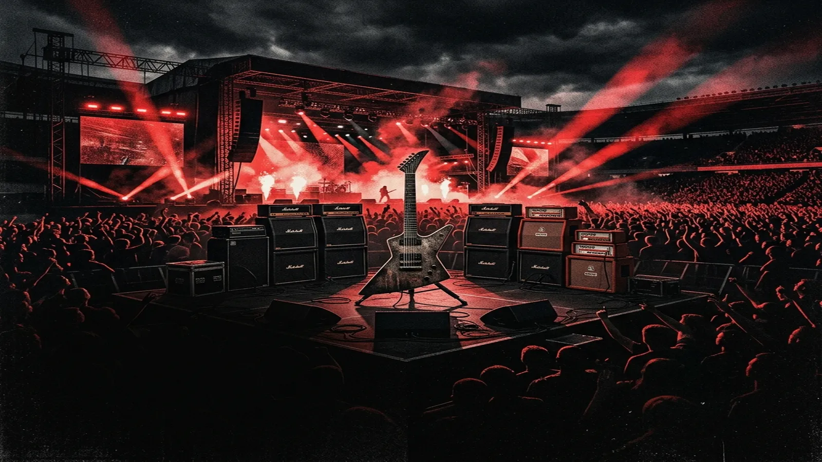 ilustración tributo de un escenario de estadio con rayos de luz roja y negra, amplificadores apilados y una guitarra en el centro, atmósfera eléctrica y monumental, sin rostros ni logos