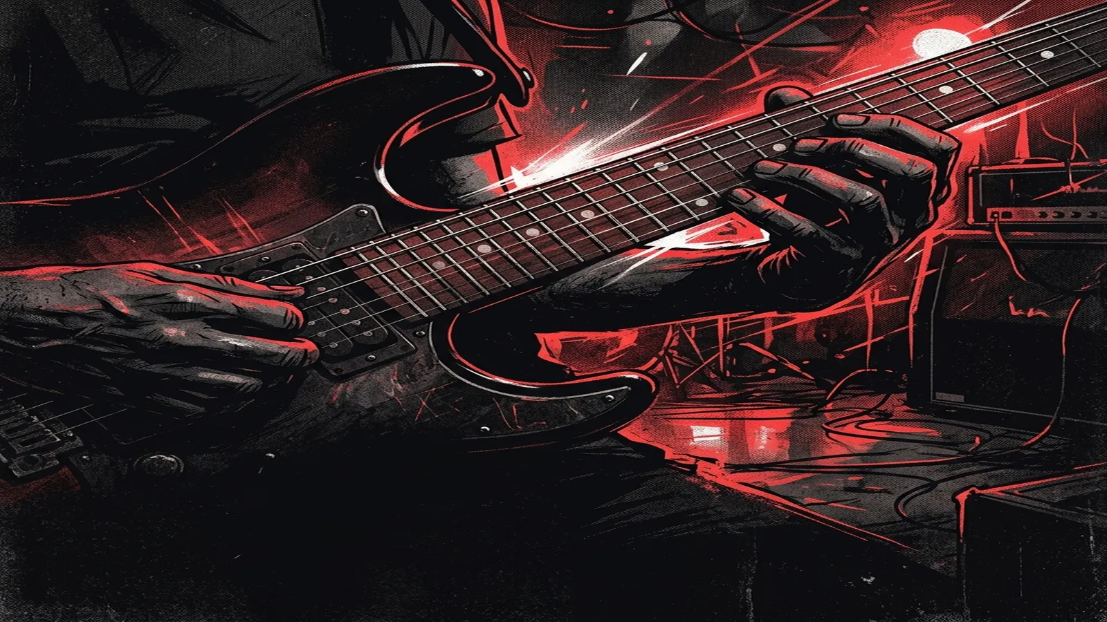 ilustración tributo de un diapasón de guitarra eléctrica con ambas manos en posición de tapping, estética de los 80 con destellos de luz eléctrica, paleta rojo y negro, sin texto ni logotipos