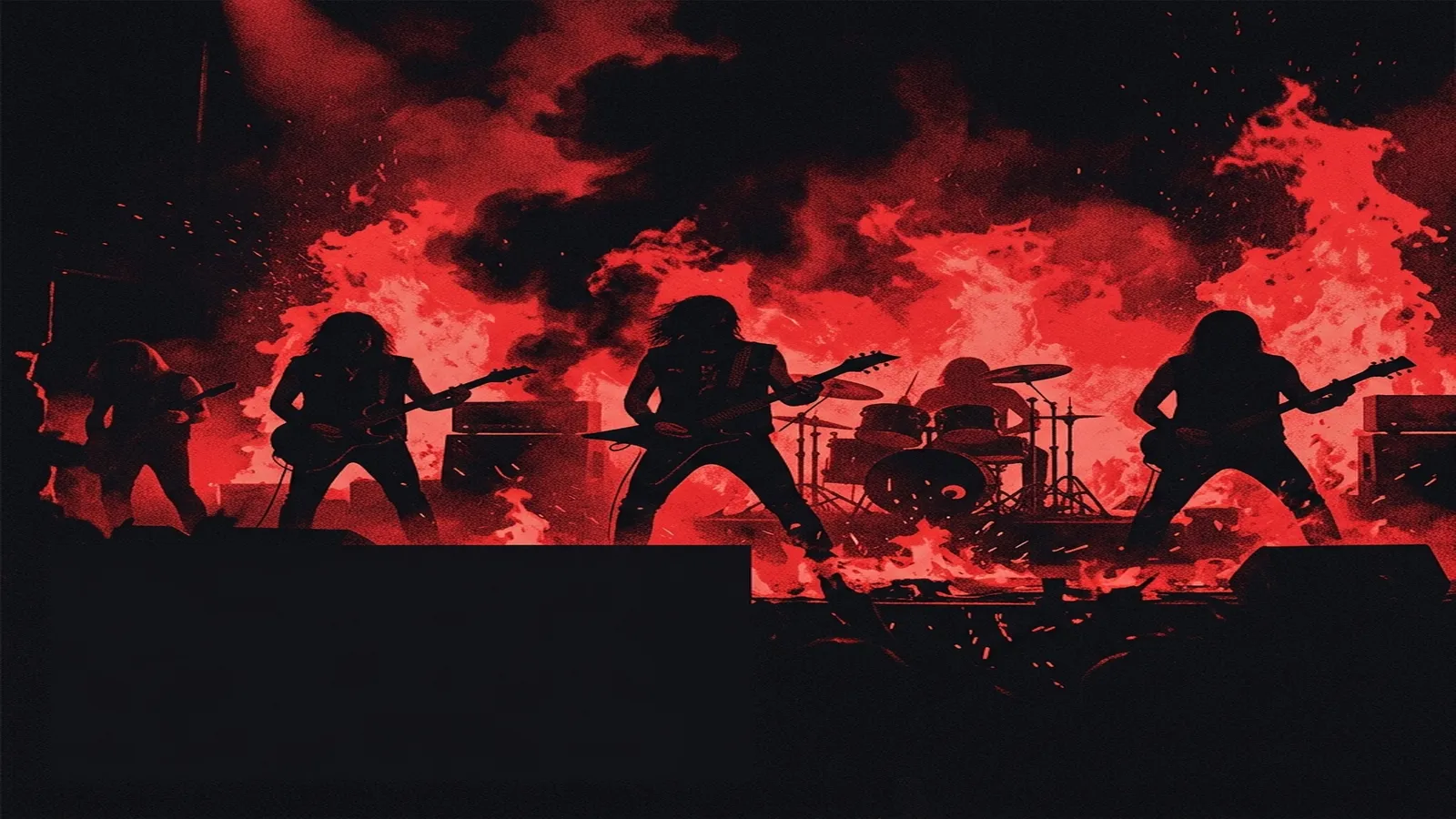 ilustración tributo de un garaje de ensayo en una ciudad industrial inglesa con amplificadores saturados, humo rojo filtrándose desde el suelo, pentagramas grabados en las paredes de ladrillo, atmósfera de black metal temprano sin rostros reconocibles ni logos, paleta rojo y negro