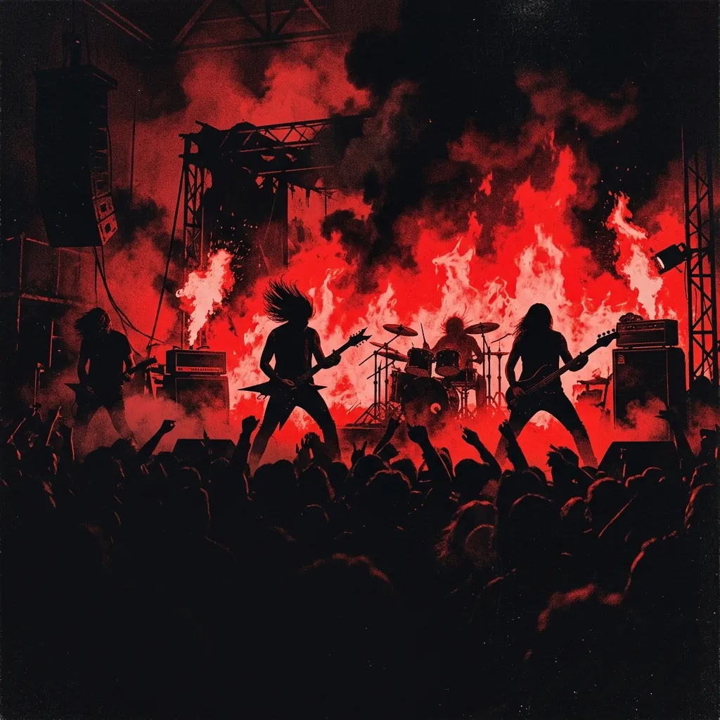 ilustración tributo de un escenario de concierto envuelto en llamas rojas y humo negro, instrumentos en silueta contra una luz carmesí, atmósfera de metal extremo años 80 sin rostros ni logos reconocibles, paleta rojo y negro