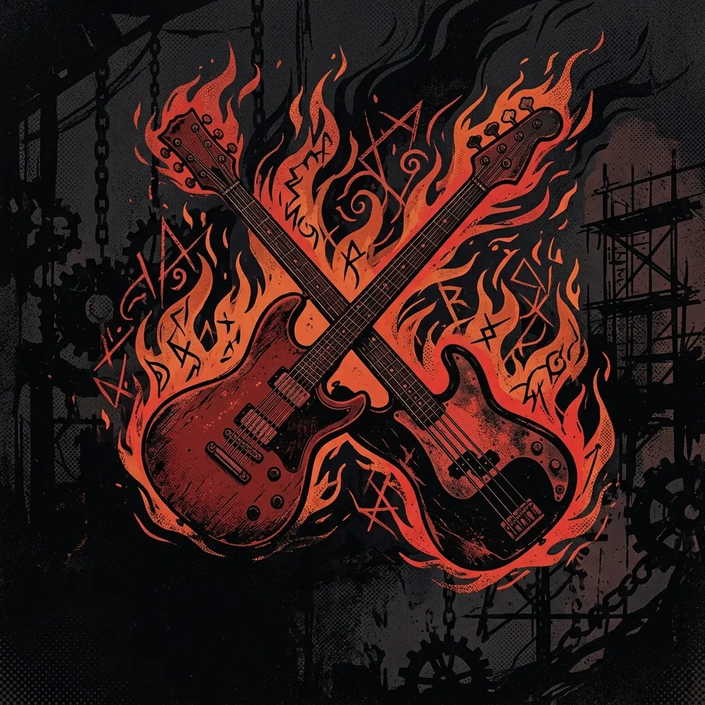 ilustración tributo de una guitarra eléctrica y un bajo cruzados sobre un fondo de llamas y sombras industriales, rodeados de motivos ocultistas abstractos, sin texto ni logotipos reconocibles, paleta rojo y negro con destellos naranjas