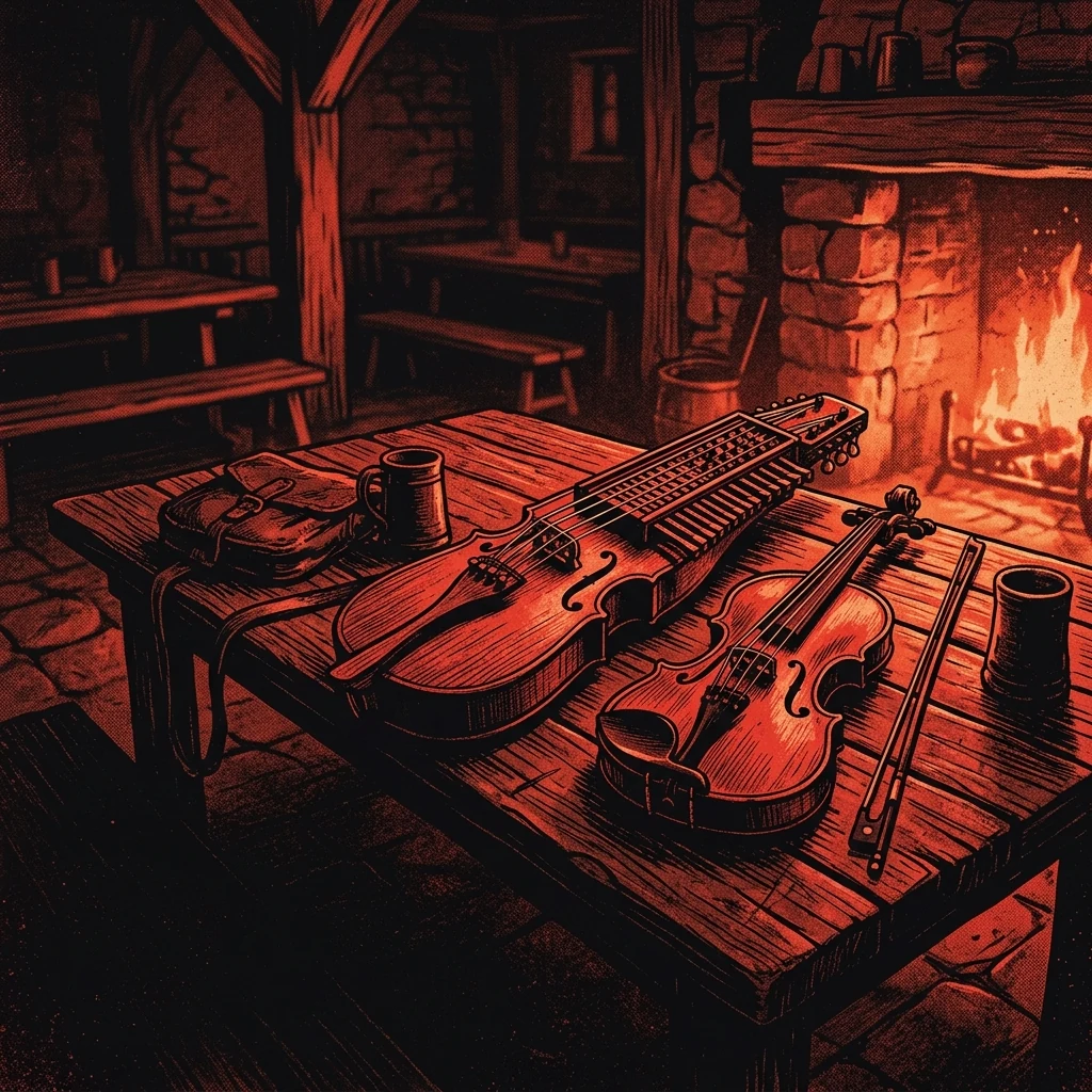 ilustración tributo de un violín y una nyckelharpa apoyados sobre una mesa de taberna de madera oscura, velas encendidas al fondo, atmósfera medieval del norte de Alemania, paleta rojo y negro, sin rostros reconocibles ni logos