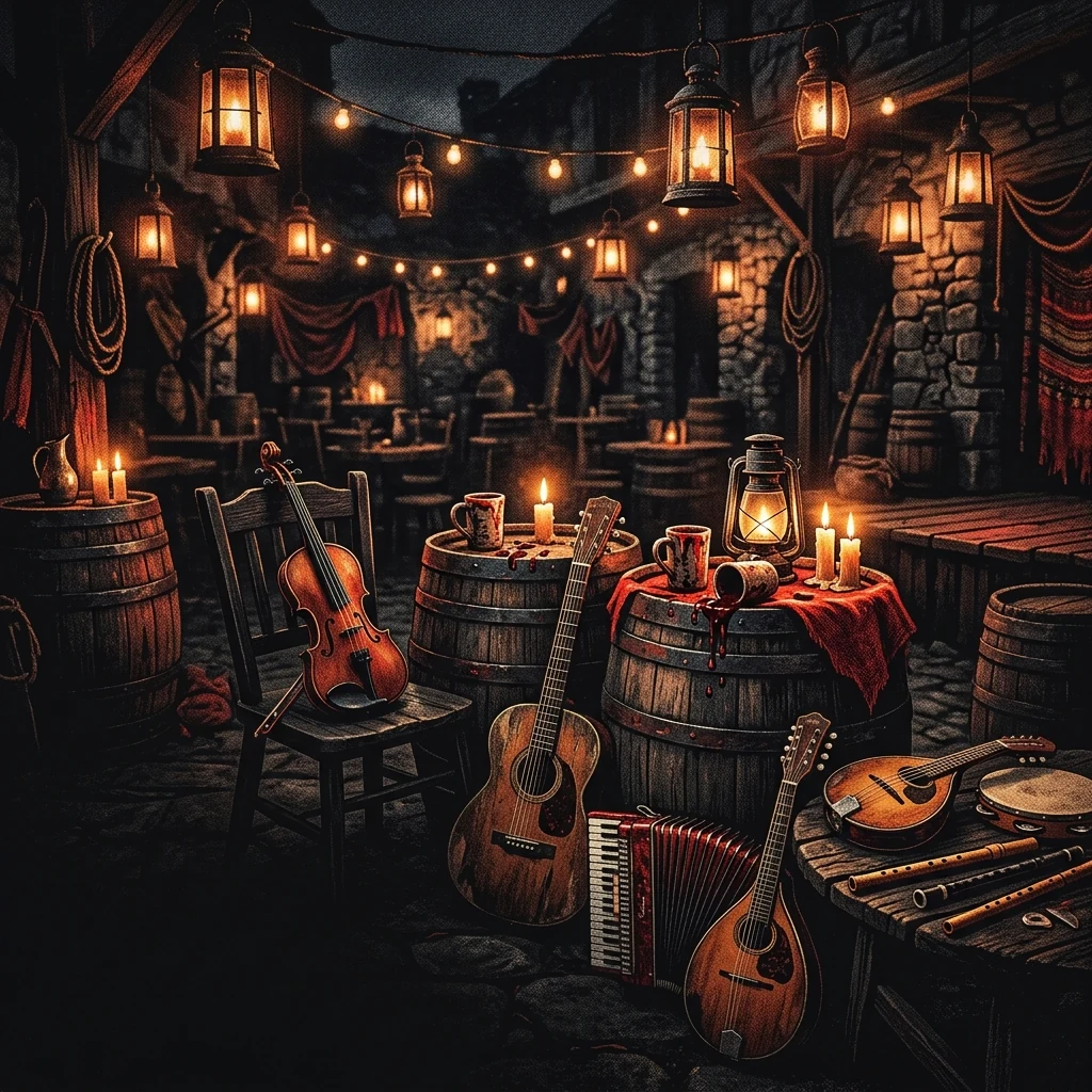 ilustración tributo de un escenario de festival nocturno con instrumentos folk iluminados por luces rojas, siluetas de público levantando jarras, atmósfera de celebración vikinga y rock, paleta rojo y negro, sin rostros reconocibles ni logos